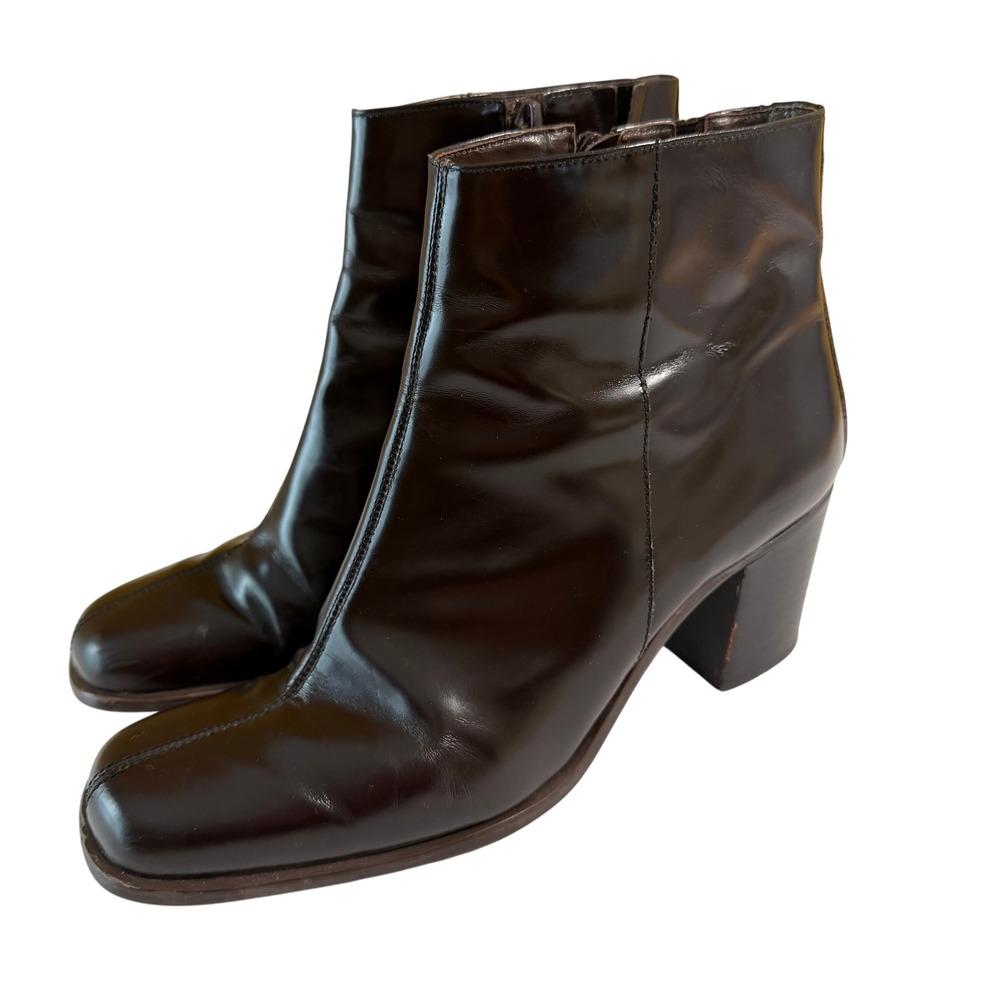 VTG 90s Y2K Nine West Ankle Boots 8.5 Brown Leather Square Toe Block Heel